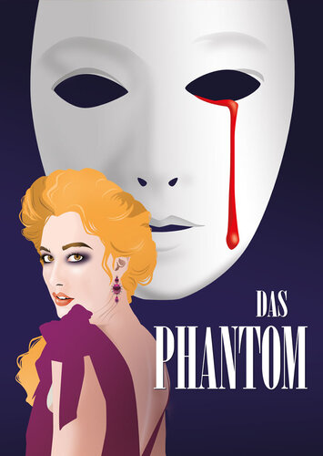 Plakatmotiv zum Musical Das Phantom am Harztheater mit einer weinenden weißen Maske im Hintergrund und einer blonden Frau im Vordergrund 