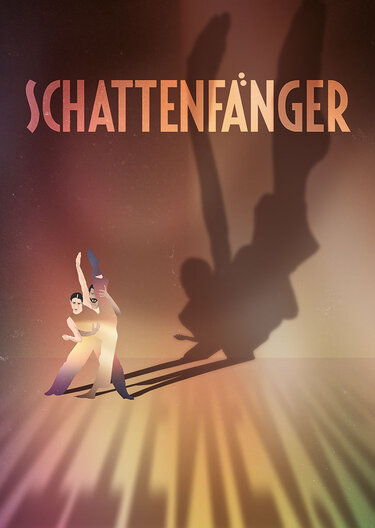 Plakatmotiv zum Tanzstück Schattenfänger am Harztheater mit zwei Tänzern, deren Schatten Figuren an die Wand werfen