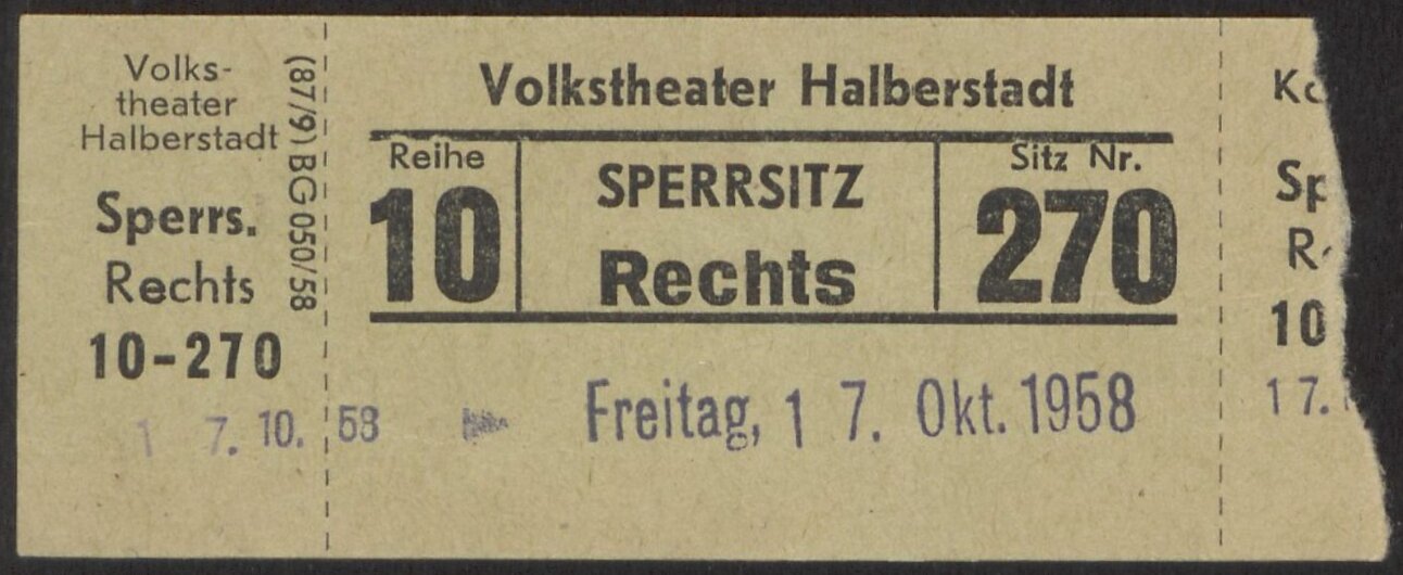 Historische Eintrittskarte ins Volkstheater Halberstadt 1958