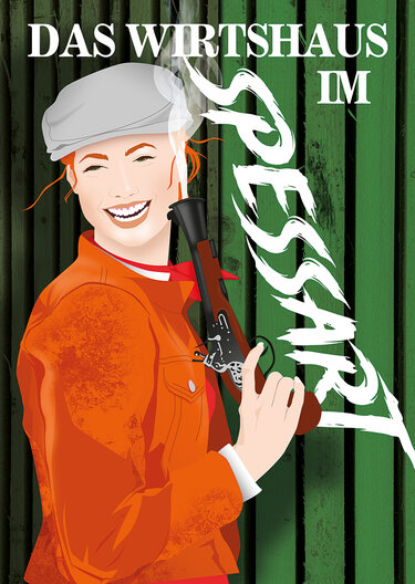 Plakatmotiv zum Wirtshaus im Spessart am Harztheater mit einer Jägerin, die ein Jagdewehr in der Hand hält 