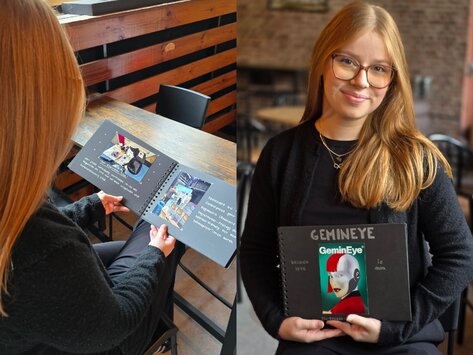 FSJlerin Jasmin Ebers präsentiert ihr Projektbuch zur Produktion GeminEye